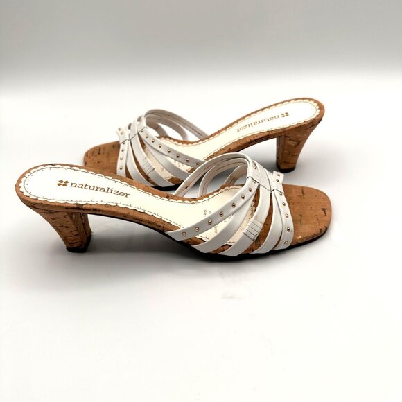 Naturalizer Sana White Strappy Sandal Heels With Cork Sole Studded Detail - Picture 2 of 14